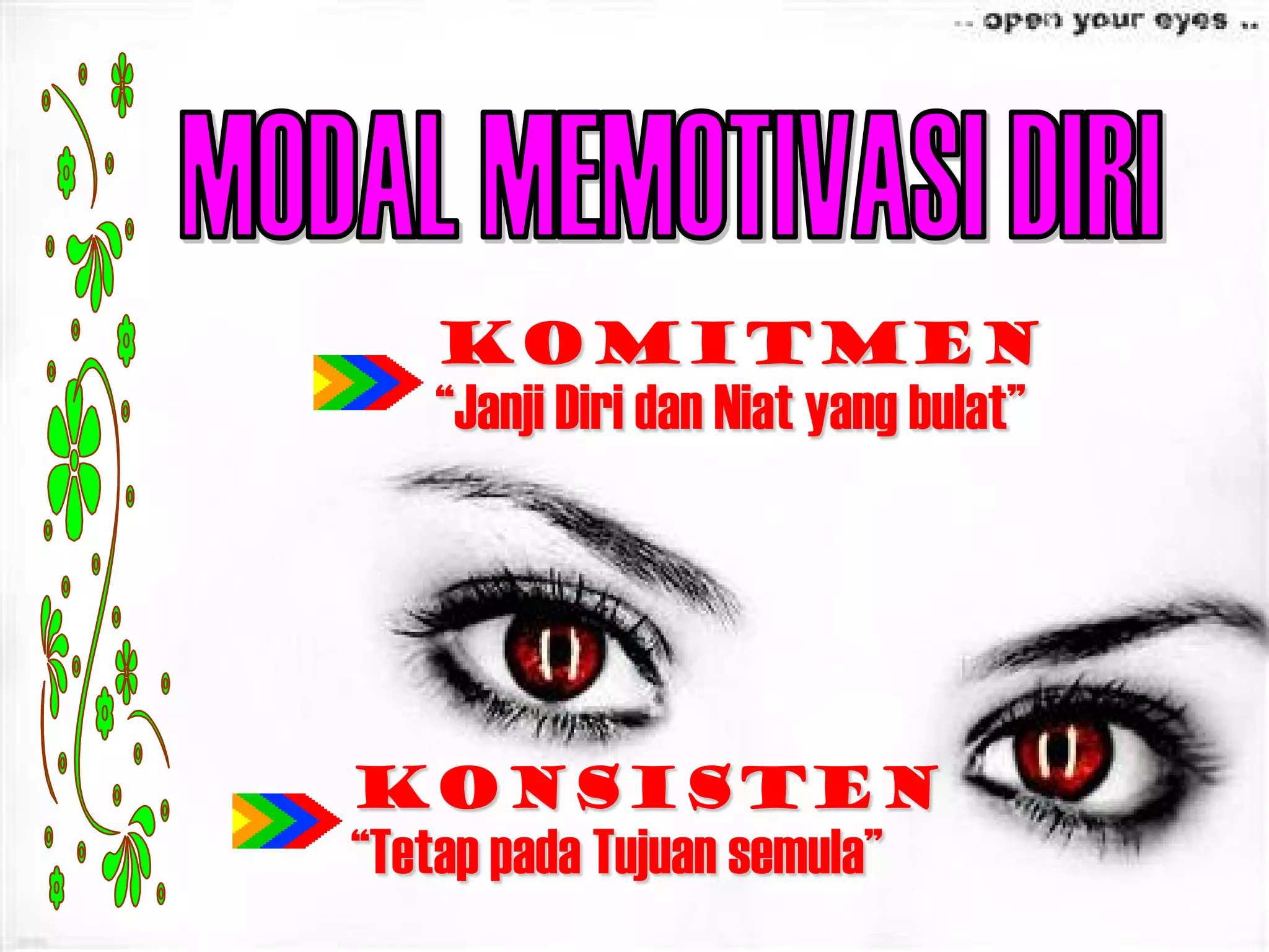 KONSISTEN
“Tetap pada Tujuan semula”
KOMITMEN
“Janji Diri dan Niat yang bulat”
 