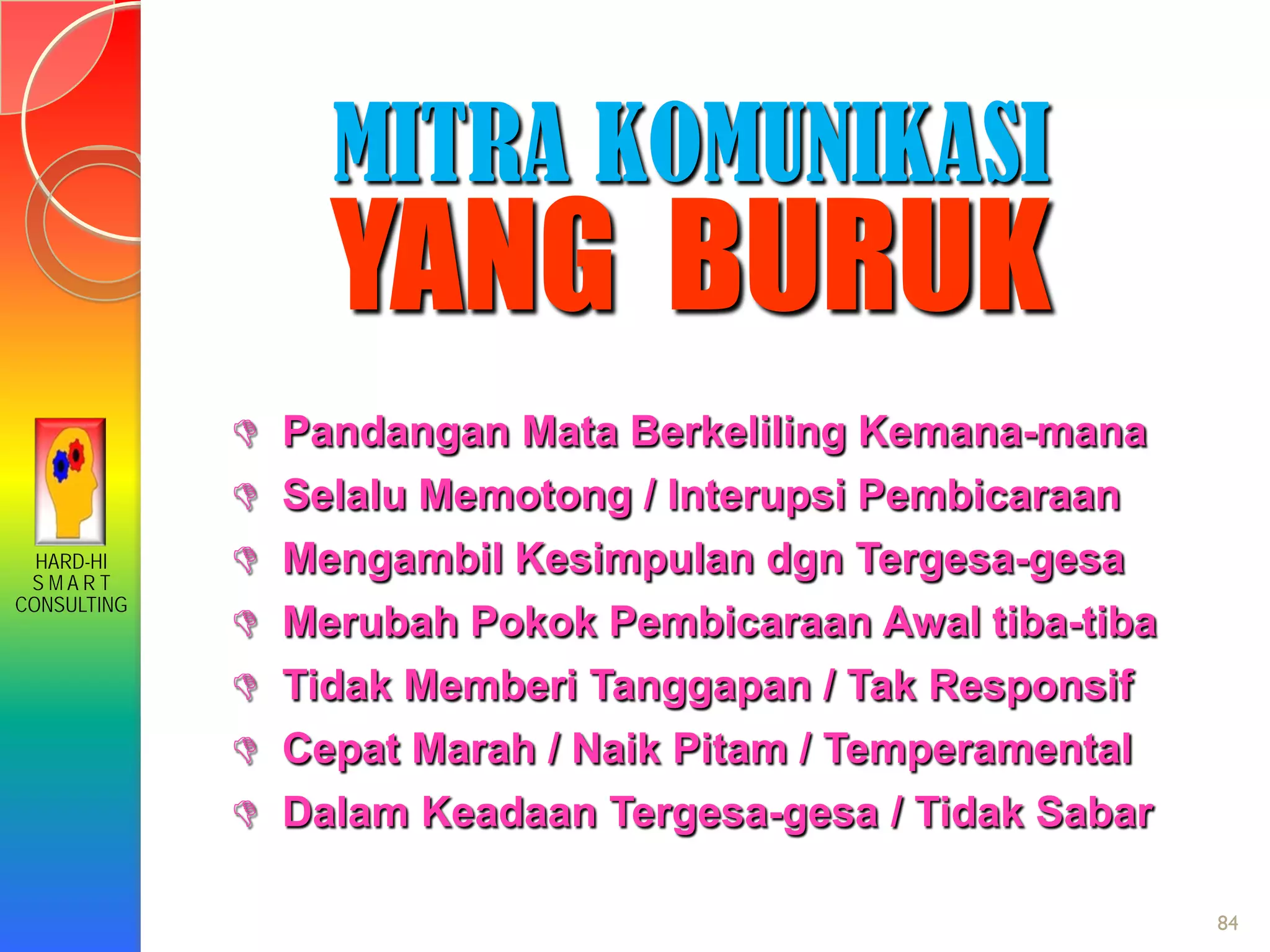 HARD-HI
S M A R T
CONSULTING
MITRA KOMUNIKASI
YANG BURUK
 Pandangan Mata Berkeliling Kemana-mana
 Selalu Memotong / Interupsi Pembicaraan
 Mengambil Kesimpulan dgn Tergesa-gesa
 Merubah Pokok Pembicaraan Awal tiba-tiba
 Tidak Memberi Tanggapan / Tak Responsif
 Cepat Marah / Naik Pitam / Temperamental
 Dalam Keadaan Tergesa-gesa / Tidak Sabar
84
 