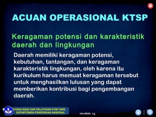 ACUAN OPERASIONAL KTSP

Keragaman potensi dan karakteristik
daerah dan lingkungan
Daerah memiliki keragaman potensi,
kebutuhan, tantangan, dan keragaman
karakteristik lingkungan, oleh karena itu
kurikulum harus memuat keragaman tersebut
untuk menghasilkan lulusan yang dapat
memberikan kontribusi bagi pengembangan
daerah.

SOSIALISASI DAN PELATIHAN KTSP 2009                  14
  DEPARTEMEN PENDIDIKAN NASIONAL      HALAMAN   14
 