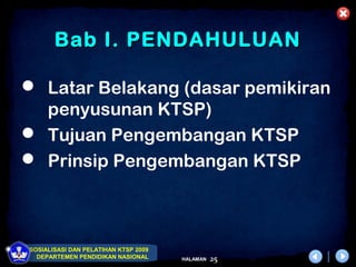 Bab I. PENDAHULUAN

 Latar Belakang (dasar pemikiran
  penyusunan KTSP)
 Tujuan Pengembangan KTSP
 Prinsip Pengembangan KTSP



SOSIALISASI DAN PELATIHAN KTSP 2009
  DEPARTEMEN PENDIDIKAN NASIONAL      HALAMAN   25
 