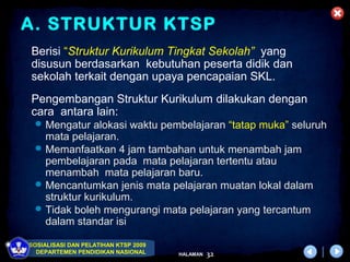A. STRUKTUR KTSP
Berisi “Struktur Kurikulum Tingkat Sekolah” yang
disusun berdasarkan kebutuhan peserta didik dan
sekolah terkait dengan upaya pencapaian SKL.
Pengembangan Struktur Kurikulum dilakukan dengan
cara antara lain:
  Mengatur alokasi waktu pembelajaran “tatap muka” seluruh
   mata pelajaran.
  Memanfaatkan 4 jam tambahan untuk menambah jam
   pembelajaran pada mata pelajaran tertentu atau
   menambah mata pelajaran baru.
  Mencantumkan jenis mata pelajaran muatan lokal dalam
   struktur kurikulum.
  Tidak boleh mengurangi mata pelajaran yang tercantum
   dalam standar isi

SOSIALISASI DAN PELATIHAN KTSP 2009
  DEPARTEMEN PENDIDIKAN NASIONAL      HALAMAN   32
 
