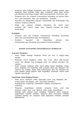 • Komponen tujuan kurikulum berdasarkan pada tujuan pendidikan nasional, tujuan
institusional, tujuan kurikulum. Dalam upaya merumuskan tujuan- tujuan tersebut
pula didasarkan pada kategori kognitif, afektif dan psokomotorik dari blossom, dkk.
• Komponen siswa dan komponen kemasyarakatan berkembang sari persepsi bahwa
siswa pasif berdasarkan minat dan kebutuhannya. Kebutuhan
masyarakat dan bidang-bidang pekerjaan kemayarakatan juga berkembangan yang
mendasari komponen kurikulum.
• Bentuk dan organisasi kurikulum berkembang dari subject matter
curriculum, child centered sampai pada integrated curriculum dan bentuk-
bentuk lainnya.
Kesimpulan
• Komponen siswa dan komponen kemasyarakatan berkembang dari persepsi
bahwa siswa pasif berdasarkan minat dan kebutuhannya.
• Kebutuhan masyarakat dan bidang-bidang pekerjaan kerja
kemasyarakatan juga berkembang yang mendasari komponen kurikulum.
KONSEP MANAJEMEN PENGEMBANGAN KURIKULUM
Pengertian Manajemen
• Secara definitif etimologis manajemen berasal dari kata to manage artinya
mengatur
• Manajemen berarti penggunaan sumber daya secara efektif untuk mencapai
sasaran atau pimpinan yang bertanggung jawab atas jalannya perusahaan atau
organisasi.
• Secara etimologis manajemen dalam tataran aplikasi banyak didefinisikan sebagai
proses pengaturan atau pengelolaan untuk pencapain tujuan yang diharapkan oleh
organisasi atau lembaga, dimana dalam pelaksanaannya tidak bisa dilepaskan dari
peran pimpinan sebagai inspirator untuk mengarahkan sekelompok manusia dalam
organisasi atau lembaga.
Fungsi-fungsi Pokok Pimpinan/Manajer
• Dalam proses manajemen terlibat fungsi-fungsi pokok yang ditampilkan oleh
seorang manajer atau pimpinan, yaitu : perencanaan (planning),
pengorganisasian (organizing), kepemimpinan (leading), dan pengawasan
(controling).
• Manajemen pengembangan kurikulum merupakan proses sosial yang
berkenaan dengan upaya yang dilakukan dalam rangka pengembangan
kurikulum untuk mencapai tujuan pendidikan. Pembahasan dalam manajemen
pengembangan kurikulum mencakup manajemen dalam perencanaan kurikulum
(curriculum planning) dan manajemen dalam implementasi kurikulum (curriculum
implementation).
 