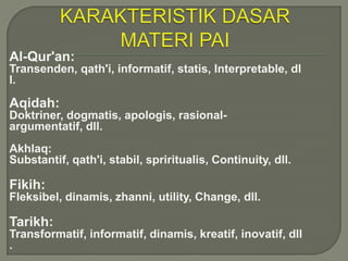 Al-Qur'an:
Transenden, qath'i, informatif, statis, Interpretable, dl
l.

Aqidah:
Doktriner, dogmatis, apologis, rasional-
argumentatif, dll.
Akhlaq:
Substantif, qath'i, stabil, spriritualis, Continuity, dll.

Fikih:
Fleksibel, dinamis, zhanni, utility, Change, dll.

Tarikh:
Transformatif, informatif, dinamis, kreatif, inovatif, dll
.
 