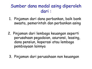 Sumber dana modal asing diperoleh
dari :
1. Pinjaman dari dana perbankan, baik bank
swasta, pemerintah dan perbankan asing
2. Pinjaman dari lembaga keuangan seperti
perusahaan pegadaian, asuransi, leasing,
dana pensiun, koperasi atau lembaga
pembiayaan lainnya
3. Pinjaman dari perusahaan non keuangan
 