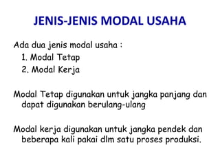 JENIS-JENIS MODAL USAHA
Ada dua jenis modal usaha :
1. Modal Tetap
2. Modal Kerja
Modal Tetap digunakan untuk jangka panjang dan
dapat digunakan berulang-ulang
Modal kerja digunakan untuk jangka pendek dan
beberapa kali pakai dlm satu proses produksi.
 