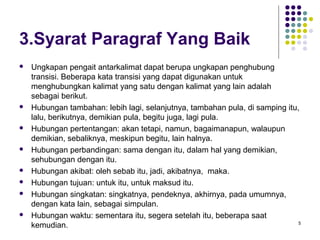 5 
3.Syarat Paragraf Yang Baik 
 Ungkapan pengait antarkalimat dapat berupa ungkapan penghubung 
transisi. Beberapa kata transisi yang dapat digunakan untuk 
menghubungkan kalimat yang satu dengan kalimat yang lain adalah 
sebagai berikut. 
 Hubungan tambahan: lebih lagi, selanjutnya, tambahan pula, di samping itu, 
lalu, berikutnya, demikian pula, begitu juga, lagi pula. 
 Hubungan pertentangan: akan tetapi, namun, bagaimanapun, walaupun 
demikian, sebaliknya, meskipun begitu, lain halnya. 
 Hubungan perbandingan: sama dengan itu, dalam hal yang demikian, 
sehubungan dengan itu. 
 Hubungan akibat: oleh sebab itu, jadi, akibatnya, maka. 
 Hubungan tujuan: untuk itu, untuk maksud itu. 
 Hubungan singkatan: singkatnya, pendeknya, akhirnya, pada umumnya, 
dengan kata lain, sebagai simpulan. 
 Hubungan waktu: sementara itu, segera setelah itu, beberapa saat 
kemudian. 
 