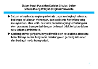 Sistem Pusat-Pusat dan Koridor Sirkulasi Dalam 
Satuan Ruang Wilayah (Region) Pariwisata 
 Satuan wilayah atau region pariwisata dapat melingkupi satu atau 
beberapa kota besar, menengah, dan kecil serta hinterland yang 
melayani satu atau lebih destinasi pariwisata yang terhubungkan 
oleh prasarana transportasi dengan delineasi tidak terbatas dalam 
satu satuan administratif. 
 Gerbang primer yang umumnya diwakili oleh kota utama atau kota 
besar lainnya secara fungsional didukung oleh gerbang sekunder 
dan berbagai moda transportasi. 
17 
 