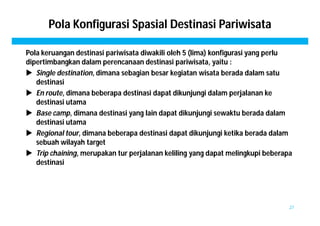 Pola Konfigurasi Spasial Destinasi Pariwisata 
Pola keruangan destinasi pariwisata diwakili oleh 5 (lima) konfigurasi yang perlu 
dipertimbangkan dalam perencanaan destinasi pariwisata, yaitu : 
 Single destination, dimana sebagian besar kegiatan wisata berada dalam satu 
destinasi 
 En route, dimana beberapa destinasi dapat dikunjungi dalam perjalanan ke 
destinasi utama 
 Base camp, dimana destinasi yang lain dapat dikunjungi sewaktu berada dalam 
destinasi utama 
 Regional tour, dimana beberapa destinasi dapat dikunjungi ketika berada dalam 
sebuah wilayah target 
 Trip chaining, merupakan tur perjalanan keliling yang dapat melingkupi beberapa 
destinasi 
27 
 