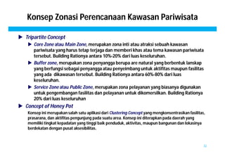 Konsep Zonasi Perencanaan Kawasan Pariwisata 
 Tripartite Concept 
 Core Zone atau Main Zone, merupakan zona inti atau atraksi sebuah kawasan 
pariwisata yang harus tetap terjaga dan memberi khas atau tema kawasan pariwisata 
tersebut. Building Rationya antara 10%-20% dari luas keseluruhan. 
 Buffer zone, merupakan zona penyangga berupa are natural yang berbentuk lanskap 
yang berfungsi sebagai penyangga atau penyeimbang untuk aktifitas maupun fasilitas 
yang ada dikawasan tersebut. Building Rationya antara 60%-80% dari luas 
keseluruhan. 
 Service Zone atau Public Zone, merupakan zona pelayanan yang biasanya digunakan 
untuk pengembangan fasilitas dan pelayanan untuk dikomersilkan. Building Rationya 
20% dari luas keseluruhan 
 Concept of Honey Pot 
Konsep ini merupakan salah satu aplikasi dari Clustering Concept yang mengkonsentrasikan fasilitas, 
prasarana, dan aktifitas pengunjung pada suatu area. Konsep ini diterapkan pada daerah yang 
memiliki tingkat kepadatan yang tinggi baik penduduk, aktivitas, maupun bangunan dan lokasinya 
berdekatan dengan pusat aksesibilitas. 
32 
 