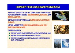 KONSEP PERENCANAAN PARIWISATA 
AKTIVITAS SISTEMATIS UNTUK MENGELOLA MASA DEPAN 
KEPARIWISATAAN SECARA KOMPREHENSIF, INTEGRAL DAN 
BERKELANJUTAN, 
DENGAN MENGOPTIMALKAN SUMBER DAYA ALAM DAN 
BUDAYA, 
UNTUK MERESPONS KEBUTUHAN MASYARAKAT DAN 
AKTIVITAS PARIWISATA, 
DALAM RANGKA : 
MENCIPTAKAN KUALITAS PENGALAMAN WISAWATAN, DAN 
MEMBERIKAN DAMPAK PEMERATAAN, DAN 
MEMBERIKAN DAMPAK PERTUMBUHAN KEPADA DAERAH 
DAN MASYARAKAT. 
 