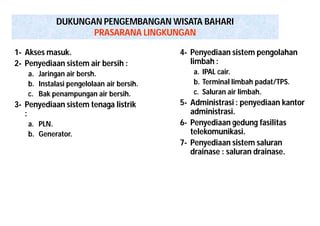 DUKUNGAN PENGEMBANGAN WISATA BAHARI 
PRASARANA LINGKUNGAN 
1- Akses masuk. 
2- Penyediaan sistem air bersih : 
a. Jaringan air bersh. 
b. Instalasi pengelolaan air bersih. 
c. Bak penampungan air bersih. 
3- Penyediaan sistem tenaga listrik 
: 
a. PLN. 
b. Generator. 
4- Penyediaan sistem pengolahan 
limbah : 
a. IPAL cair. 
b. Terminal limbah padat/TPS. 
c. Saluran air limbah. 
5- Administrasi : penyediaan kantor 
administrasi. 
6- Penyediaan gedung fasilitas 
telekomunikasi. 
7- Penyediaan sistem saluran 
drainase : saluran drainase. 
 