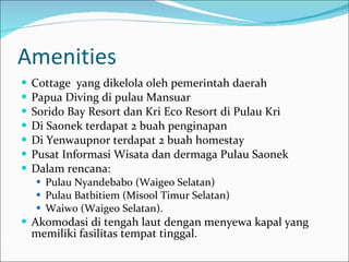 Amenities Cottage  yang dikelola oleh pemerintah daerah Papua Diving di pulau Mansuar  Sorido Bay Resort dan Kri Eco Resort di Pulau Kri Di Saonek terdapat 2 buah penginapan Di Yenwaupnor terdapat 2 buah homestay Pusat Informasi Wisata dan dermaga Pulau Saonek Dalam rencana: Pulau Nyandebabo (Waigeo Selatan) Pulau Batbitiem (Misool Timur Selatan) Waiwo (Waigeo Selatan).  Akomodasi di tengah laut dengan menyewa kapal yang memiliki fasilitas tempat tinggal.  