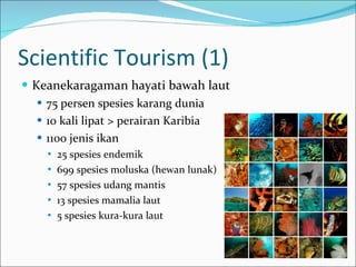 Scientific Tourism (1) Keanekaragaman hayati bawah laut 75 persen spesies karang dunia 10 kali lipat > perairan Karibia 1100 jenis ikan 25 spesies endemik  699 spesies moluska (hewan lunak) 57 spesies udang mantis 13 spesies mamalia laut 5 spesies kura-kura laut 