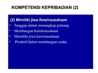 11
(2) Mimiliki jiwa Kewirausahaan(2) Mimiliki jiwa Kewirausahaan
• Tanggap dalam menangkap peluang
• Membangun kemitrausahaan
• Memiliki jiwa kewirausahaan
• Proaktif dalam membangun usaha
KOMPETENSI KEPRIBADIAN (2)KOMPETENSI KEPRIBADIAN (2)
 