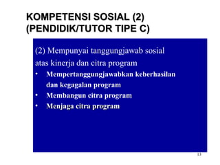 13
(2) Mempunyai tanggungjawab sosial
atas kinerja dan citra program
• Mempertanggungjawabkan keberhasilan
dan kegagalan program
• Membangun citra program
• Menjaga citra programMenjaga citra program
KOMPETENSI SOSIAL (2)KOMPETENSI SOSIAL (2)
(PENDIDIK/TUTOR TIPE C)(PENDIDIK/TUTOR TIPE C)
 