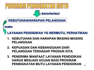 19
1.1. KEBUTUHAN DAN HARAPAN MASING-MASINGKEBUTUHAN DAN HARAPAN MASING-MASING
PELANGGANPELANGGAN
2.2. KEPUASAN DAN KEBANGGAAN DARIKEPUASAN DAN KEBANGGAAN DARI
PELANGGAN TERHADAP PRODUK KITAPELANGGAN TERHADAP PRODUK KITA
3.3. PENERIMA MANFAAT LAYANAN PENDIDIKANPENERIMA MANFAAT LAYANAN PENDIDIKAN
HARUS MENJADI ACUAN BAGI PROGRAMHARUS MENJADI ACUAN BAGI PROGRAM
PENINGKATAN MUTU LAYANAN PENDIDIKANPENINGKATAN MUTU LAYANAN PENDIDIKAN
KEBUTUHAN/HARAPAN PELANGGANKEBUTUHAN/HARAPAN PELANGGAN
berorientasiberorientasi
makamaka
LAYANAN PENDIDIKAN YG BERMUTU, PERHATIKAN:LAYANAN PENDIDIKAN YG BERMUTU, PERHATIKAN:
 