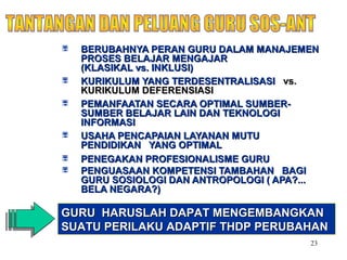 23
 BERUBAHNYA PERAN GURU DALAM MANAJEMENBERUBAHNYA PERAN GURU DALAM MANAJEMEN
PROSES BELAJAR MENGAJARPROSES BELAJAR MENGAJAR
(KLASIKAL vs. INKLUSI)(KLASIKAL vs. INKLUSI)
 KURIKULUM YANG TERDESENTRALISASIKURIKULUM YANG TERDESENTRALISASI vs.vs.
KURIKULUM DEFERENSIASIKURIKULUM DEFERENSIASI
 PEMANFAATAN SECARA OPTIMAL SUMBER-PEMANFAATAN SECARA OPTIMAL SUMBER-
SUMBER BELAJAR LAIN DAN TEKNOLOGISUMBER BELAJAR LAIN DAN TEKNOLOGI
INFORMASIINFORMASI
 USAHA PENCAPAIAN LAYANAN MUTUUSAHA PENCAPAIAN LAYANAN MUTU
PENDIDIKAN YANG OPTIMALPENDIDIKAN YANG OPTIMAL
 PENEGAKAN PROFESIONALISME GURUPENEGAKAN PROFESIONALISME GURU
 PENGUASAAN KOMPETENSI TAMBAHAN BAGIPENGUASAAN KOMPETENSI TAMBAHAN BAGI
GURU SOSIOLOGI DAN ANTROPOLOGI ( APA?...GURU SOSIOLOGI DAN ANTROPOLOGI ( APA?...
BELA NEGARA?)BELA NEGARA?)
GURU HARUSLAH DAPAT MENGEMBANGKANGURU HARUSLAH DAPAT MENGEMBANGKAN
SUATU PERILAKU ADAPTIF THDP PERUBAHANSUATU PERILAKU ADAPTIF THDP PERUBAHAN
 