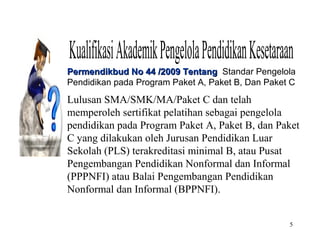 5
Permendikbud No 44 /2009 TentangPermendikbud No 44 /2009 Tentang Standar Pengelola
Pendidikan pada Program Paket A, Paket B, Dan Paket C
Lulusan SMA/SMK/MA/Paket C dan telah
memperoleh sertifikat pelatihan sebagai pengelola
pendidikan pada Program Paket A, Paket B, dan Paket
C yang dilakukan oleh Jurusan Pendidikan Luar
Sekolah (PLS) terakreditasi minimal B, atau Pusat
Pengembangan Pendidikan Nonformal dan Informal
(PPPNFI) atau Balai Pengembangan Pendidikan
Nonformal dan Informal (BPPNFI).
 