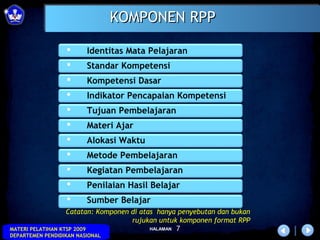 KOMPONEN RPP

                        Identitas Mata Pelajaran
                        Standar Kompetensi
                        Kompetensi Dasar
                        Indikator Pencapaian Kompetensi
                        Tujuan Pembelajaran
                        Materi Ajar
                        Alokasi Waktu
                        Metode Pembelajaran
                        Kegiatan Pembelajaran
                        Penilaian Hasil Belajar
                        Sumber Belajar
                   Catatan: Komponen di atas hanya penyebutan dan bukan
                                     rujukan untuk komponen format RPP
MATERI PELATIHAN KTSP 2009                 HALAMAN 7
DEPARTEMEN PENDIDIKAN NASIONAL
 