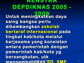 RENSTRA
  DEPDIKNAS 2005 -
           2009 daya
Untuk meningkatkan
saing bangsa perlu
dikembangkan sekolah
bertaraf internasional pada
tingkat kab/kota melalui
kerjasama yang konsisten
antara pemerintah dengan
pemerintah kab/kota yg
bersangkutan, utk
          Herry Widyastono? Puskur Balitbang   5
 