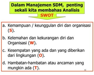 10
a. Kemampuan / keunggulan diri dan organisasi
(S).
b. Kelemahan dan kekurangan diri dan
Organisasi (W).
c. Kesempatan yang ada dan yang diberikan
dari lingkungan (O).
d. Hambatan-hambatan atau ancaman yang
mungkin ada (T).
Dalam Manajemen SDM, penting
sekali kita membahas Analisis
SWOT
 