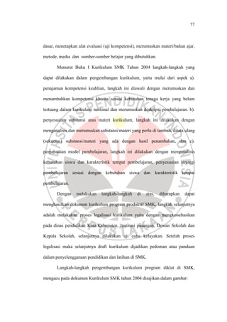 77
dasar, menetapkan alat evaluasi (uji kompetensi), merumuskan materi/bahan ajar,
metode, media dan sumber-sumber belajar yang dibutuhkan.
Menurut Buku I Kurikulum SMK Tahun 2004 langkah-langkah yang
dapat dilakukan dalam pengembangan kurikulum, yaitu mulai dari aspek a).
penajaman kompetensi keahlian, langkah ini diawali dengan merumuskan dan
menambahkan kompetensi khusus sesuai kebutuhan tenaga kerja yang belum
tertuang dalam kurikulum nasional dan merumuskan deskripsi pembelajaran. b).
penyesuaian substansi atau materi kurikulum, langkah ini dilakukan dengan
menganalisis dan merumuskan substansi/materi yang perlu di tambah, ditata ulang
(sekuensi) substansi/materi yang ada dengan hasil penambahan, dan c).
penyesuaian model pembelajaran, langkah ini dilakukan dengan menganalisis
kebutuhan siswa dan karakteristik tempat pembelajaran, penyesuaian strategi
pembelajaran sesuai dengan kebutuhan siswa dan karakteristik tempat
pembelajaran.
Dengan melakukan langkah-langkah di atas, diharapkan dapat
menghasilkan dokumen kurikulum program produktif SMK, langkah selanjutnya
adalah melakukan proses legalisasi kurikulum yaitu dengan mengkosultasikan
pada dinas pendidikan Kota/Kabupaten, Institusi pasangan, Dewan Sekolah dan
Kepala Sekolah, selanjutnya dilakukan uji coba kelayakan. Setelah proses
legalisasi maka selanjutnya draft kurikulum dijadikan pedoman atau panduan
dalam penyelenggaraan pendidikan dan latihan di SMK.
Langkah-langkah pengembangan kurikulum program diklat di SMK,
mengacu pada dokumen Kurikulum SMK tahun 2004 disajikan dalam gambar:
 