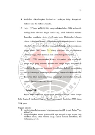 93
4. Kurikulum dikembangkan berdasarkan kecakapan hidup, kompetensi,
berbasis luas, dan berbasis produksi.
5. Lubis (1997) dan McNeil (1996) mengemukakan bahwa SMK perlu untuk
meningkatkan relevansi dengan dunia kerja, untuk kebutuhan tersebut
diperlukan pendekatan cluster of-skill, yakni siswa dilatih dalam beberapa
jabatan. Lebih lajut McNeil (1996) orientasi pendidikan kejuruan ke depan
tidak harus fokus pada teknologi tinggi, pada beberapa studi menunjukkan
hingga tahun 2001 hanya 7% bidang pekerjaan baru membutuhkan
teknologi tinggi, tetapi diarahkan pada kebutuhan operator (juru)
6. Hamalik (1990) menggunakan konsep keterpaduan yaitu membentuk
tenaga kerja yang produktif (pendekatan tenaga kerja), mengarahkan
pendidikan ke wawasan lingkungan (pendekatan ekologi), mengarahkan
pada perkembangan masa depan (Futurologi), dan memberikan dasar nilai
dan norma dalam membentuk tenaga kerja yang berkepribadian, berwatak,
tangguh, dan penuh tanggung jawab.
c. Tujuan SMK
Tujuan SMK terdiri dari tujuan umum dan tujuan khusus, sesuai dengan
Buku Bagian I Landasan, Program dan Pengembangan Kurikulum SMK tahun
2004, yaitu:
Tujuan umum:
1. meningkatkan keimanan dan ketakwaan peserta didik kepada Tuhan Yang
Mahas Esa.
2. mengembangkan potensi peserta didik agar menjadi warga negara yang
berakhlak mulia, sehat, berilmu, cakap, kreatif, mandiri, demokratis, dan
bertanggung jawab.
 