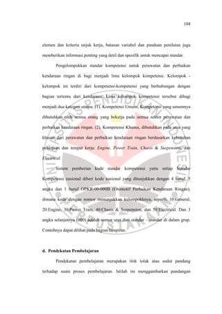104
elemen dan kriteria unjuk kerja, batasan variabel dan panduan penilaian juga
memberikan informasi penting yang detil dan spesifik untuk mencapai standar.
Pengelompokkan standar kompetensi untuk perawatan dan perbaikan
kendaraan ringan di bagi menjadi lima kelompok kompetensi. Kelompok -
kelompok ini terdiri dari kompetensi-kompetensi yang berhubungan dengan
bagian tertentu dari kendaraan. Lima kelompok kompetensi tersebut dibagi
menjadi dua kategori utama: (1). Kompetensi Umum, Kompetensi yang umumnya
dibutuhkan oleh semua orang yang bekerja pada semua sektor perawatan dan
perbaikan kendaraan ringan. (2). Kompetensi Khusus, dibutuhkan pada area yang
khusus dari perawatan dan perbaikan kendaraan ringan berdasarkan kebutuhan
pekerjaan dan tempat kerja: Engine, Power Train, Chasis & Suspension, dan
Electrical.
Sistem pemberian kode standar kompetensi yaitu setiap Standar
Kompetensi nasional diberi kode nasional yang ditunjukkan dengan 4 huruf, 5
angka dan 1 huruf OPKR-00-000B (Otomotif Perbaikan Kendaraan Ringan),
dimana kode dengan nomor menunjukkan kelompokknya, seperti; 10:General,
20:Engine, 30:Power Train, 40:Chasis & Suspension, dan 50:Electrical. Dan 3
angka selanjutnya (000) adalah nomor urut dari standar – standar di dalam grup.
Contohnya dapat dilihat pada bagian lampiran.
d. Pendekatan Pembelajaran
Pendekatan pembelajaran merupakan titik tolak atau sudut pandang
terhadap suatu proses pembelajaran. Istilah ini menggambarkan pandangan
 