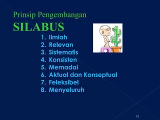 Prinsip Pengembangan  SILABUS       Ilmiah   Relevan Sistematis Konsisten Memadai Aktual dan Konseptual Feleksibel Menyeluruh 