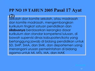 Sekolah dan komite sekolah, atau madrasah dan komite madrasah, mengembangkan kurikulum tingkat satuan pendidikan dan  silabusnya  berdasarkan kerangka dasar kurikulum dan standar kompetensi lulusan, di bawah supervisi dinas kabupaten/kota yang bertanggung jawab di bidang pendidikan untuk SD, SMP, SMA, dan SMK, dan departemen yang menangani urusan pemerintahan di bidang agama untuk MI. MTs, MA, dan MAK PP NO 19 TAHUN 2005  Pasal 17 Ayat (2)   [Kembali] 