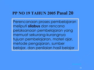 Perencanaan proses pembelajaran meliputi  silabus  dan rencana pelaksanaan pembelajaran yang memuat sekurang-kurangnya tujuan pembelajaran, materi ajar, metode pengajaran, sumber belajar, dan penilaian hasil belajar PP NO 19 TAHUN 2005  Pasal 20   [Kembali] 