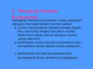 2.  Mengkaji Standar Kompetensi     Mengkaji standar kompetensi  mata pelajaran dengan memperhatikan hal-hal berikut:   a. urutan berdasarkan hierarki konsep disiplin ilmu dan/atau tingkat kesulitan materi, tidak harus selalu sesuai dengan urutan yang ada di SI;  b. keterkaitan antar standar kompetensi dan kompetensi dasar dalam mata pelajaran; c. keterkaitan standar kompetensi dan kompetensi dasar antarmata pelajaran.   [ Kembali ] 