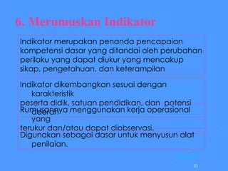 6. Merumuskan Indikator Indikator merupakan penanda pencapaian kompetensi dasar yang ditandai oleh perubahan perilaku yang dapat diukur yang mencakup sikap, pengetahuan, dan keterampilan Indikator dikembangkan sesuai dengan karakteristik peserta didik, satuan pendidikan, dan  potensi daerah Rumusannya menggunakan kerja operasional yang  terukur dan/atau dapat diobservasi. Digunakan sebagai dasar untuk menyusun alat penilaian .  [ Kembali ] 