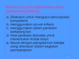 Hal-hal yang perlu diperhatikan dalam menentukan penilaian: Dilakukan untuk mengukur pencapaian kompetensi Menggunakan acuan kriteria Menggunakan sistem penilaian berkelanjutan Hasil penilaian dianalisis untuk menentukan tindak lanjut Sesuai dengan pengalaman belajar yang ditempuh dalam kegiatan pembelajaran [Kembali] 