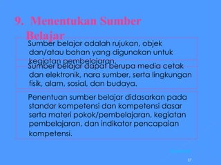 9.  Menentukan Sumber Belajar Sumber belajar adalah rujukan, objek dan/atau bahan yang digunakan untuk kegiatan pembelajaran.  Sumber belajar dapat berupa media cetak dan elektronik, nara sumber, serta lingkungan fisik, alam, sosial, dan budaya.  Penentuan sumber belajar didasarkan pada standar kompetensi dan kompetensi dasar serta materi pokok/pembelajaran, kegiatan pembelajaran, dan indikator pencapaian kompetensi.  [Kembali] 