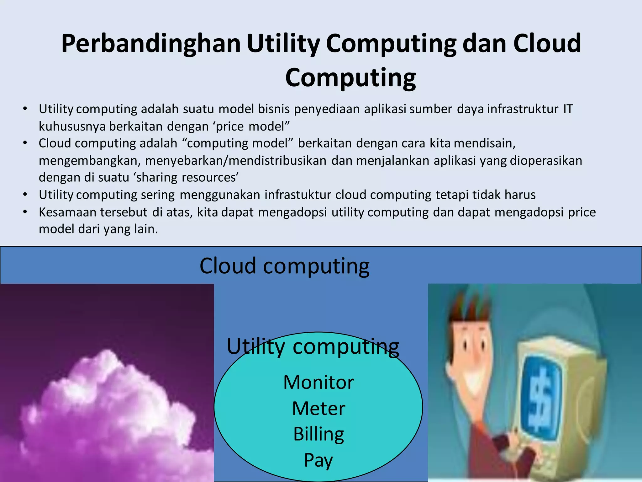 www.cloudcomputingchina.com
Perbandinghan Utility Computing dan Cloud
Computing
Monitor
Meter
Billing
Pay
Utility computing
Cloud computing
• Utility computing adalah suatu model bisnis penyediaan aplikasi sumber daya infrastruktur IT
kuhususnya berkaitan dengan ‘price model”
• Cloud computing adalah “computing model” berkaitan dengan cara kita mendisain,
mengembangkan, menyebarkan/mendistribusikan dan menjalankan aplikasi yang dioperasikan
dengan di suatu ‘sharing resources’
• Utility computing sering menggunakan infrastuktur cloud computing tetapi tidak harus
• Kesamaan tersebut di atas, kita dapat mengadopsi utility computing dan dapat mengadopsi price
model dari yang lain.
 