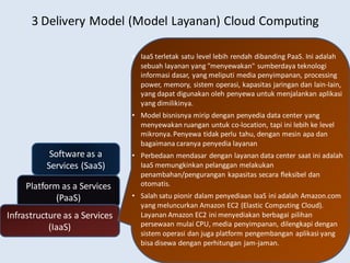 3 Delivery Model (Model Layanan) Cloud Computing
Software as a
Services (SaaS)
Platform as a Services
(PaaS)
Infrastructure as a Services
(IaaS)
• IaaS terletak satu level lebih rendah dibanding PaaS. Ini adalah
sebuah layanan yang "menyewakan" sumberdaya teknologi
informasi dasar, yang meliputi media penyimpanan, processing
power, memory, sistem operasi, kapasitas jaringan dan lain-lain,
yang dapat digunakan oleh penyewa untuk menjalankan aplikasi
yang dimilikinya.
• Model bisnisnya mirip dengan penyedia data center yang
menyewakan ruangan untuk co-location, tapi ini lebih ke level
mikronya.Penyewa tidak perlu tahu, dengan mesin apa dan
bagaimana caranya penyedia layanan
• Perbedaan mendasar dengan layanan data center saat ini adalah
IaaS memungkinkan pelanggan melakukan
penambahan/pengurangan kapasitas secara fleksibel dan
otomatis.
• Salah satu pionir dalam penyediaan IaaS ini adalah Amazon.com
yang meluncurkan Amazon EC2 (Elastic Computing Cloud).
Layanan Amazon EC2 ini menyediakan berbagai pilihan
persewaan mulai CPU, media penyimpanan, dilengkapi dengan
sistem operasi dan juga platform pengembangan aplikasi yang
bisa disewa dengan perhitungan jam-jaman.
 