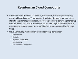 Keuntungan Cloud Computing
• Arsitekturawan memiliki skalabilitas, fleksibilitas, dan transparansi yang
memungkinkan layananTI baru dapat disediakan dengan cepat dan biaya
efektif dengan menggunakan service level agreements (SLA) yang mencakup
IT requirement dan policy, memenuhi permintaan high utilization, dinamis,
meresponperubahan, dan memenuhi tingkat keamanan dan kinerja yang
tinggi
• Cloud Computing memberikan keuntungan bagi perusahaan
• Reduced cost
• Flexibility
• Improved Automation
• Sustainability
• Focus on Core Competency
 