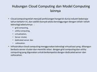 Hubungan Cloud Computing dan Model Computing
lainnya
• Cloudcomputing telah menjadi perbicanganhangatdi duniaindustri beberapa
tahunterkahirini, dan sedikit banyakselalubersinggungan dengan istilah-istilah
teknologisebelumnya :
• grid computing,
• utility computing,
• virtualization,
• Server cluster,
• dedicated server dan
• collocation.
• Infrastrukturcloud computing menggunakanteknologi virtualisasiyang dibangun
berbasisserver cluster dan memiliki relasi dengan grid computing dan utility
computingyang digunakanuntukberkompetisi dengan dedicatedserver dan
collocation.
 