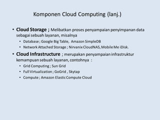 Komponen Cloud Computing (lanj.)
• Cloud Storage ; Melibatkan proses penyampaian penyimpanan data
sebagaisebuah layanan, misalnya
• Database; Google Big Table, Amazon SimpleDB
• Network Attached Storage ; NirvanixCloudNAS,MobileMe iDisk.
• Cloud Infrastructure ; merupakan penyampaianinfrastruktur
kemampuansebuah layanan, contohnya :
• Grid Computing ; Sun Grid
• FullVirtualization; GoGrid , Skytap
• Compute; Amazon ElasticCompute Cloud
 