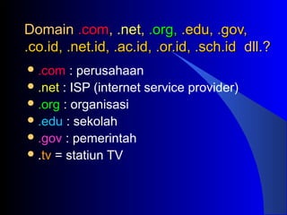 DomainDomain .com.com,, .net.net,, .org,.org, .edu, .gov,.edu, .gov,
.co.id, .net.id, .ac.id, .or.id, .sch.id.co.id, .net.id, .ac.id, .or.id, .sch.id dll.?dll.?
.com : perusahaan
.net : ISP (internet service provider)
.org : organisasi
.edu : sekolah
.gov : pemerintah
.tv = statiun TV
 