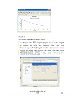 Created by Albert Daniel
2007 - 26 -
AC analysis
Langkah-langkah melakukan transient analisis:
1. Klik Analysis button yang terdapat pada Standar toolbar dan pilih
AC Analysis dari daftar yang disediakan. Atau pilih menu
Simulate/Analyses/AC Analysis pada menu bar. Kemudian akan muncul
tampilan pada lembar kerja multisim seperti yang tertera pada gambar
dibawah ini:
 