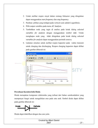 Created by Albert Daniel
2007 - 27 -
2. Untuk melihat respon sinyal dalam rentang frekuensi yang diinginkan
dapat menggunakan start frequency dan stop frequency.
3. Pastikan pilihan yang terdapat pada vertical scale adalah Logarithmic.
4. Pilih output variables pada menu AC Analysis.
5. Tambahkan node yang ingin di analisa pada kotak dialog selected
variables for analysis dengan menggunakan tombol Add.. Untuk
menghapus node yang tidak diinginkan pada kotak dialog selected
variables for analysis dapat menggunakan perintah remove.
6. Lakukan simulasi untuk melihat respon kapasitor pada waktu transient
untuk charging dan discharging. Respon charging kapasitor dapat dilihat
pada gambar dibawah ini:
Percobaan Karakteristik Dioda
Dioda merupakan komponen elektronika yang terbuat dari bahan semikonduktor yang
mempunyai fungsi untuk mengalirkan arus pada satu arah. Simbol dioda dapat dilihat
pada gambar dibawah ini:
Dioda dapat diaktifkan dengan dua cara yaitu
 