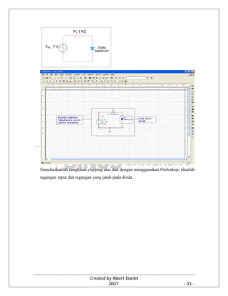 Created by Albert Daniel
2007 - 33 -
Simulasikanlah rangkaian clipping atas dan dengan menggunakan Osiloskop, ukurlah
tegangan input dan tegangan yang jatuh pada dioda.
 