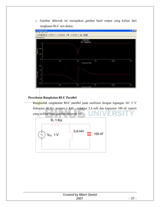 Created by Albert Daniel
2007 - 37 -
o Gambar dibawah ini merupakan gambar hasil output yang keluar dari
rangkaian RLC seri diatas.
Percobaan Rangkaian RLC Parallel
Rangkailah rangakaian RLC parallel pada multisim dengan tegangan AC 5 V
frekuensi 60 Hz, resistor 1 KΩ , induktor 2,4 mH dan kapasitor 100 nF seperti
yang terlihat pada gambar dibawah ini:
 