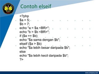 Contoh elseif
<?php
$a = 5;
$b = 7;
echo "a = $a <BR>";
echo "b = $b <BR>";
if ($a == $b)
echo "$a sama dengan $b";
elseif ($a > $b)
echo "$a lebih besar daripada $b";
else
echo "$a lebih kecil daripada $b";
?>


                                     www.company.com
 