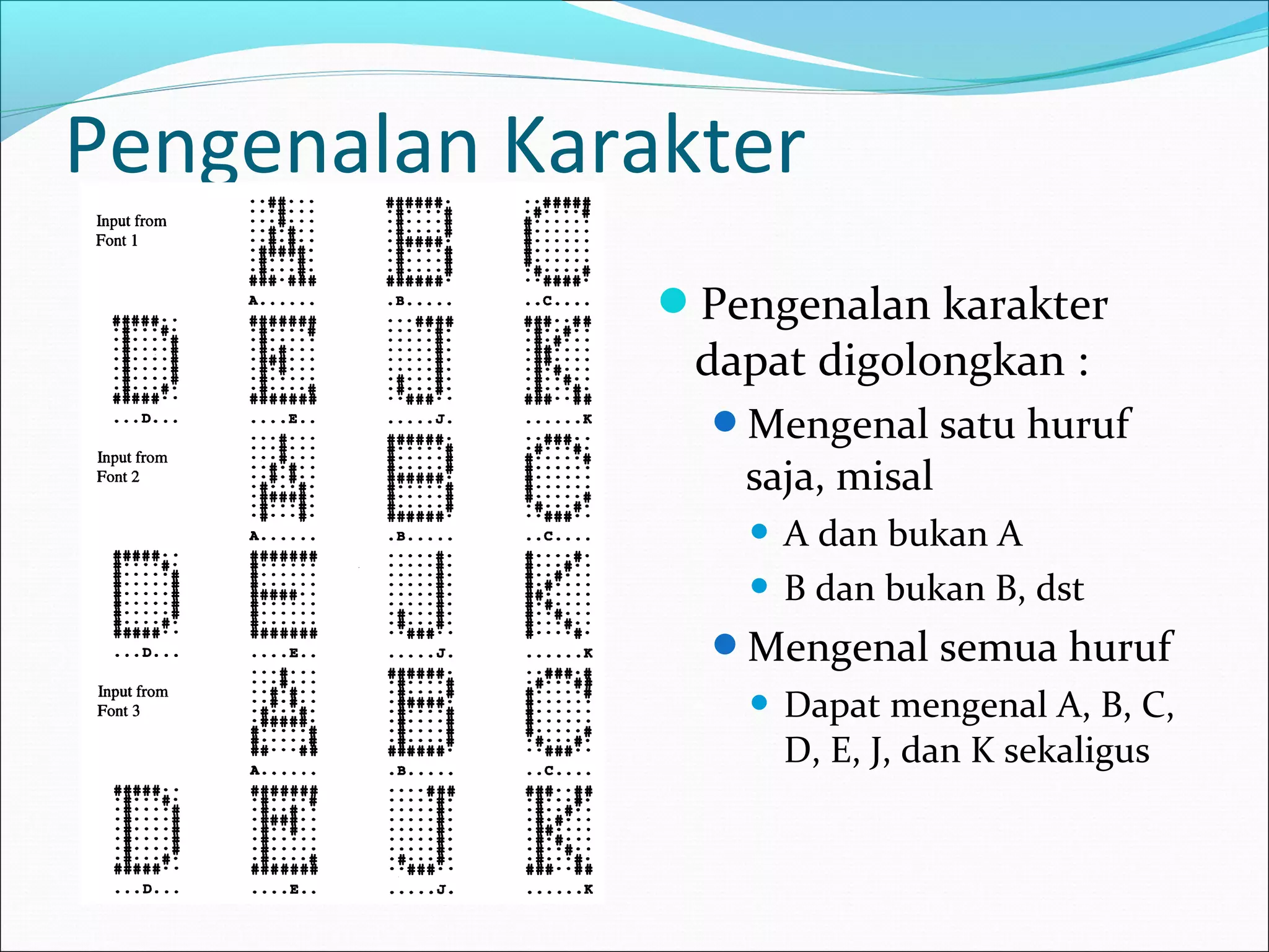 Pengenalan Karakter
Pengenalan karakter
dapat digolongkan :
Mengenal satu huruf
saja, misal
 A dan bukan A
 B dan bukan B, dst
Mengenal semua huruf
 Dapat mengenal A, B, C,
D, E, J, dan K sekaligus
 