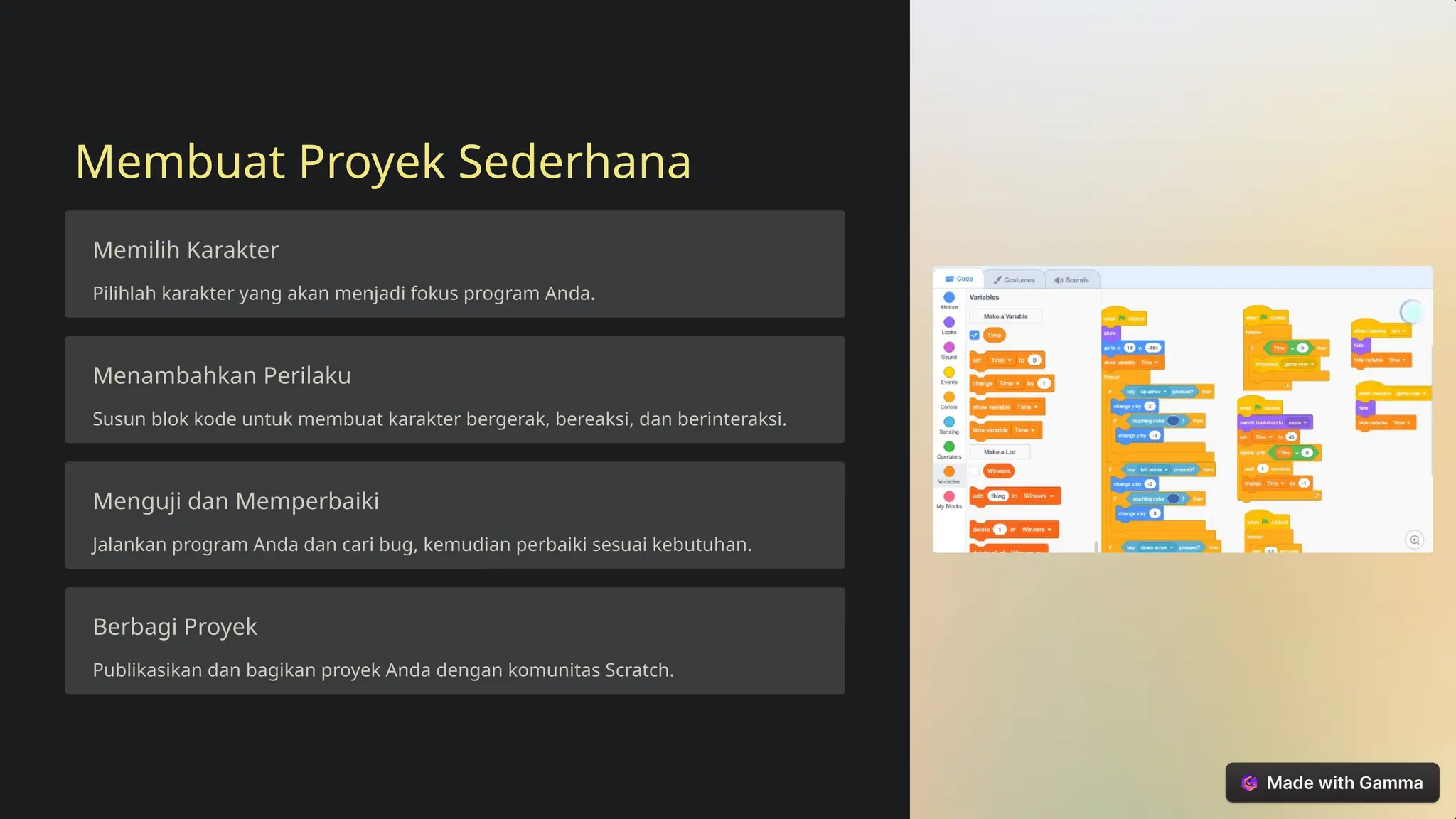 Membuat Proyek Sederhana
Memilih Karakter
Pilihlah karakter yang akan menjadi fokus program Anda.
Menambahkan Perilaku
Susun blok kode untuk membuat karakter bergerak, bereaksi, dan berinteraksi.
Menguji dan Memperbaiki
Jalankan program Anda dan cari bug, kemudian perbaiki sesuai kebutuhan.
Berbagi Proyek
Publikasikan dan bagikan proyek Anda dengan komunitas Scratch.
 