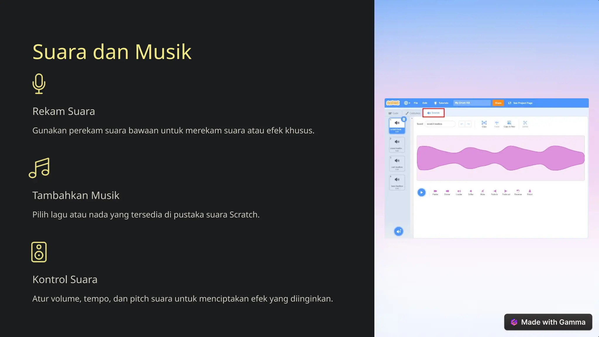 Suara dan Musik
Rekam Suara
Gunakan perekam suara bawaan untuk merekam suara atau efek khusus.
Tambahkan Musik
Pilih lagu atau nada yang tersedia di pustaka suara Scratch.
Kontrol Suara
Atur volume, tempo, dan pitch suara untuk menciptakan efek yang diinginkan.
 