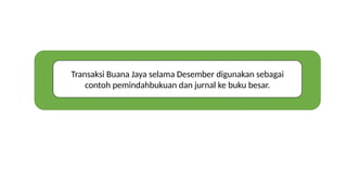Transaksi Buana Jaya selama Desember digunakan sebagai
contoh pemindahbukuan dan jurnal ke buku besar.
 